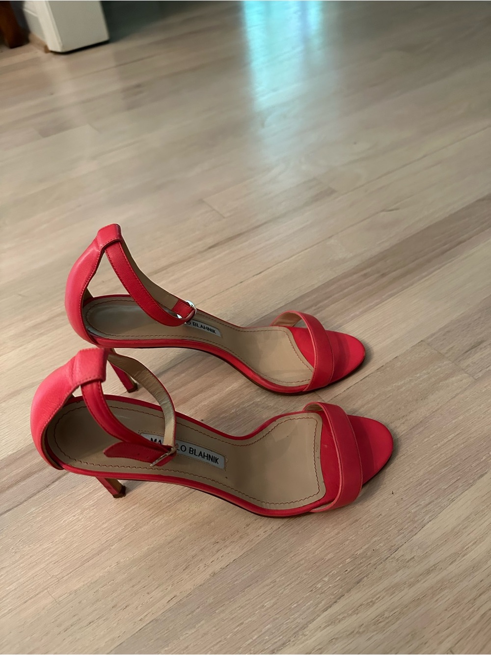 Manolo Blahnik Red Satin Ankle-Strap Open-Toe Heels